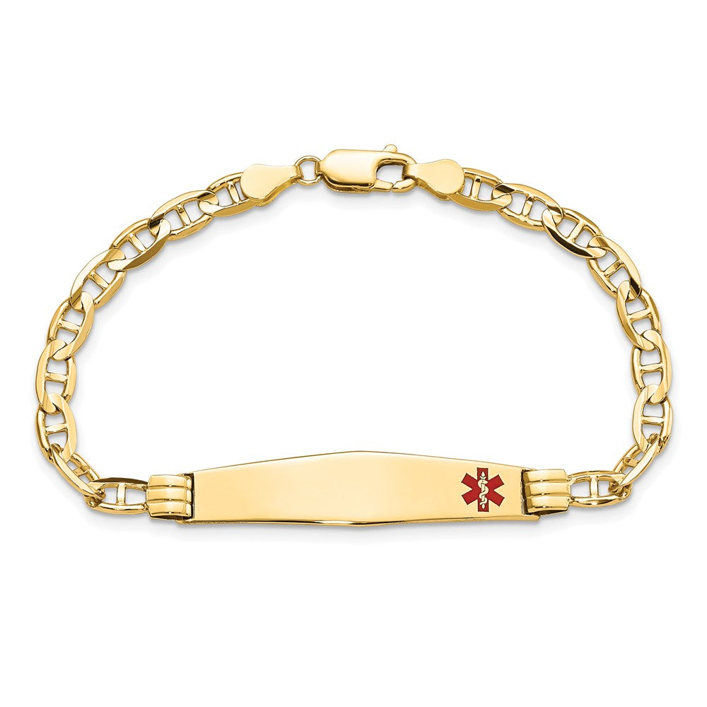 14K Yellow Gold Medical Solid Chain/Solid Plate Soft Diamond Shape 36X9mm Off Center Red Enamel Anchor Link 8 Inch Id Bracelet