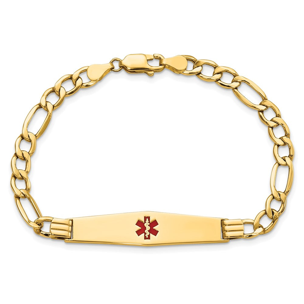14K Yellow Gold Medical Semi Solid Chain/Solid Plate Soft Diamond Shape 37X9mm Centered Red Enamel Figaro Link 7 Inch Id Bracelet