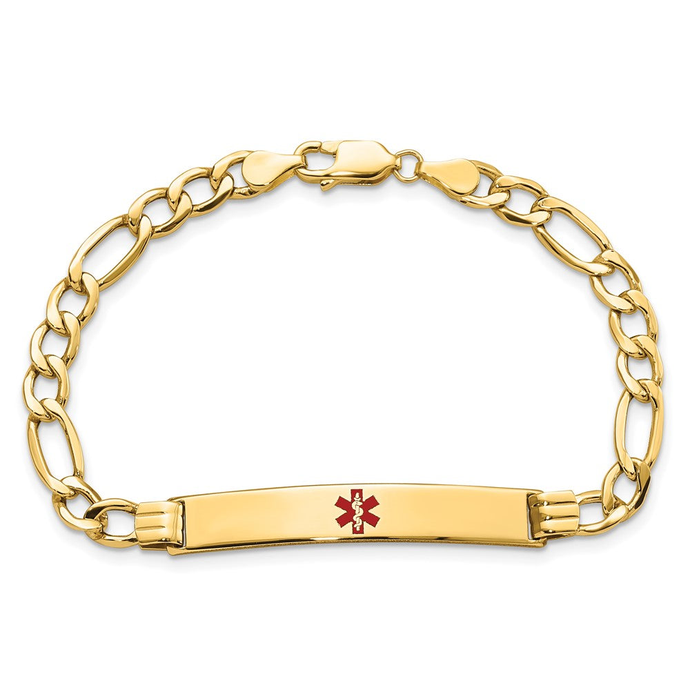 14K Yellow Gold Medical Semi Solid Chain/Solid Plate 37X6mm Centered Red Enamel Figaro Link 8 Inch Id Bracelet