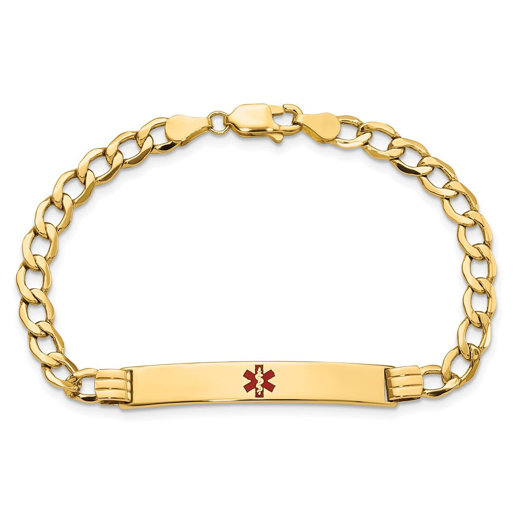 14K Yellow Gold Medical Semi Solid Chain/Solid Plate 37X6mm Centered Red Enamel Cuban Link 7 Inch Id Bracelet