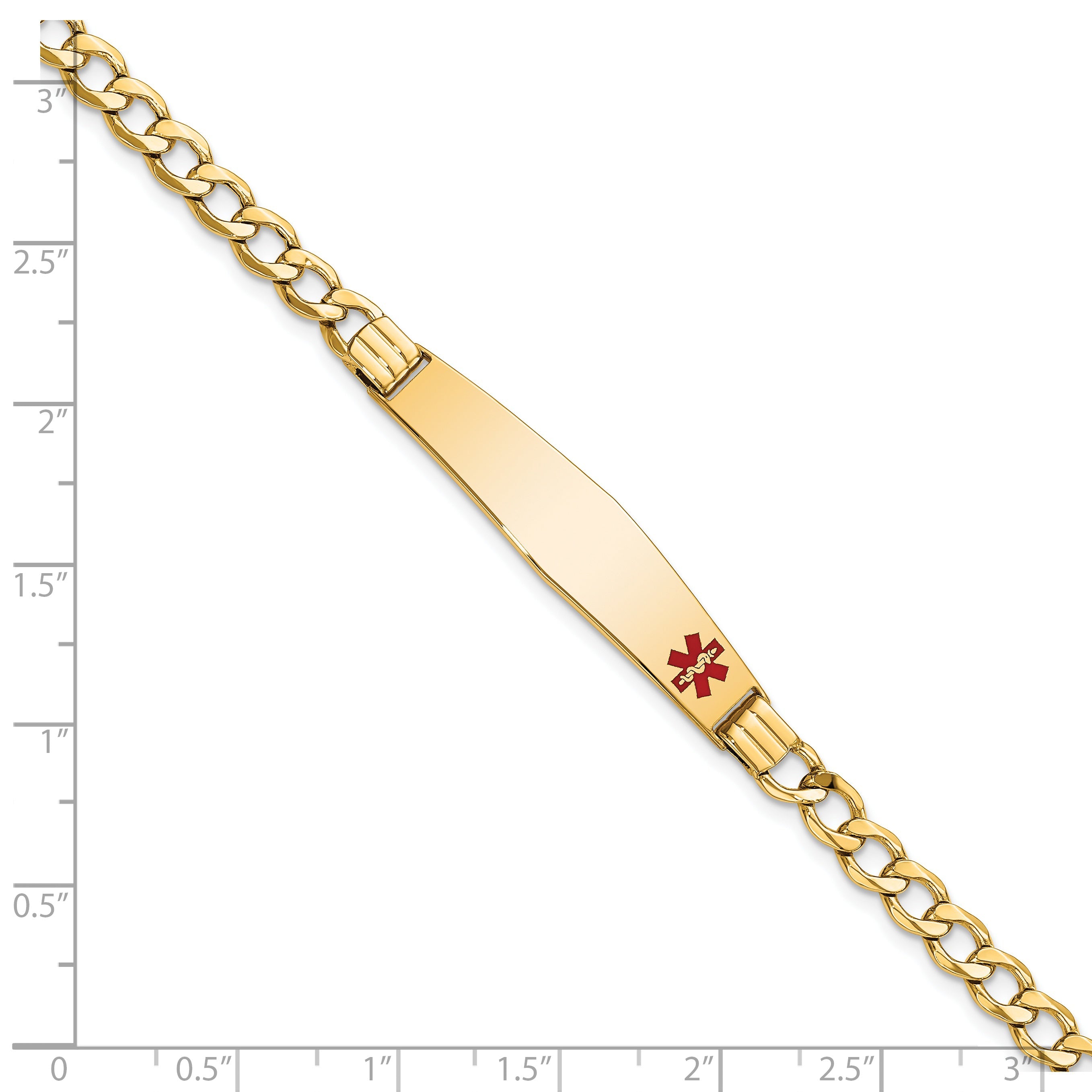 14K Yellow Gold Medical Semi Solid Chain/Solid Plate Soft Diamond Shape 37X9mm Off Center Red Enamel Cuban Link 8 Inch Id Bracelet