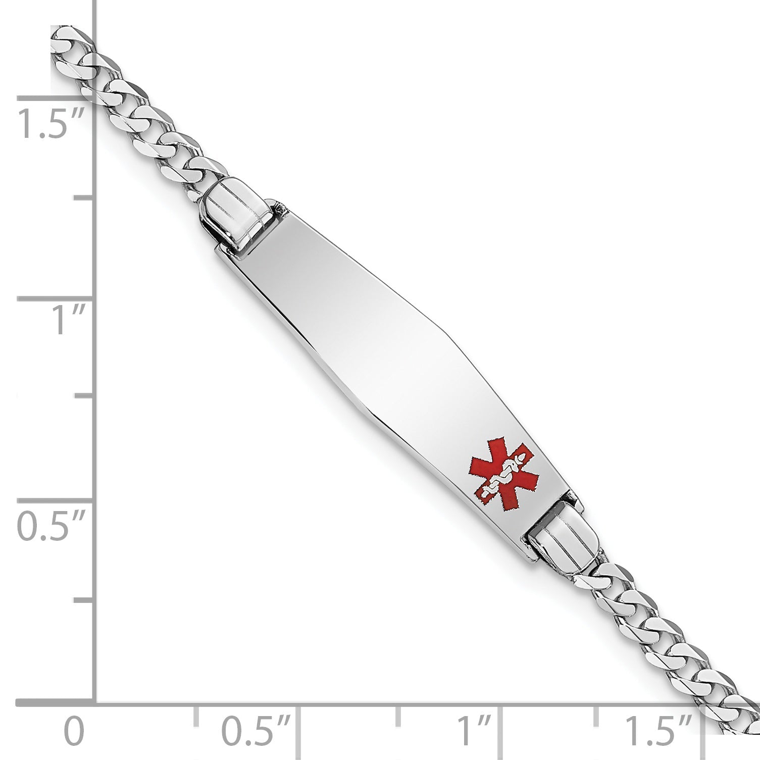14K White Gold Medical Solid Chain/Solid Plate 26X7mm Soft Diamond Shape Off Center Red Enamel Flat Curb Link 8 Inch Id Bracelet