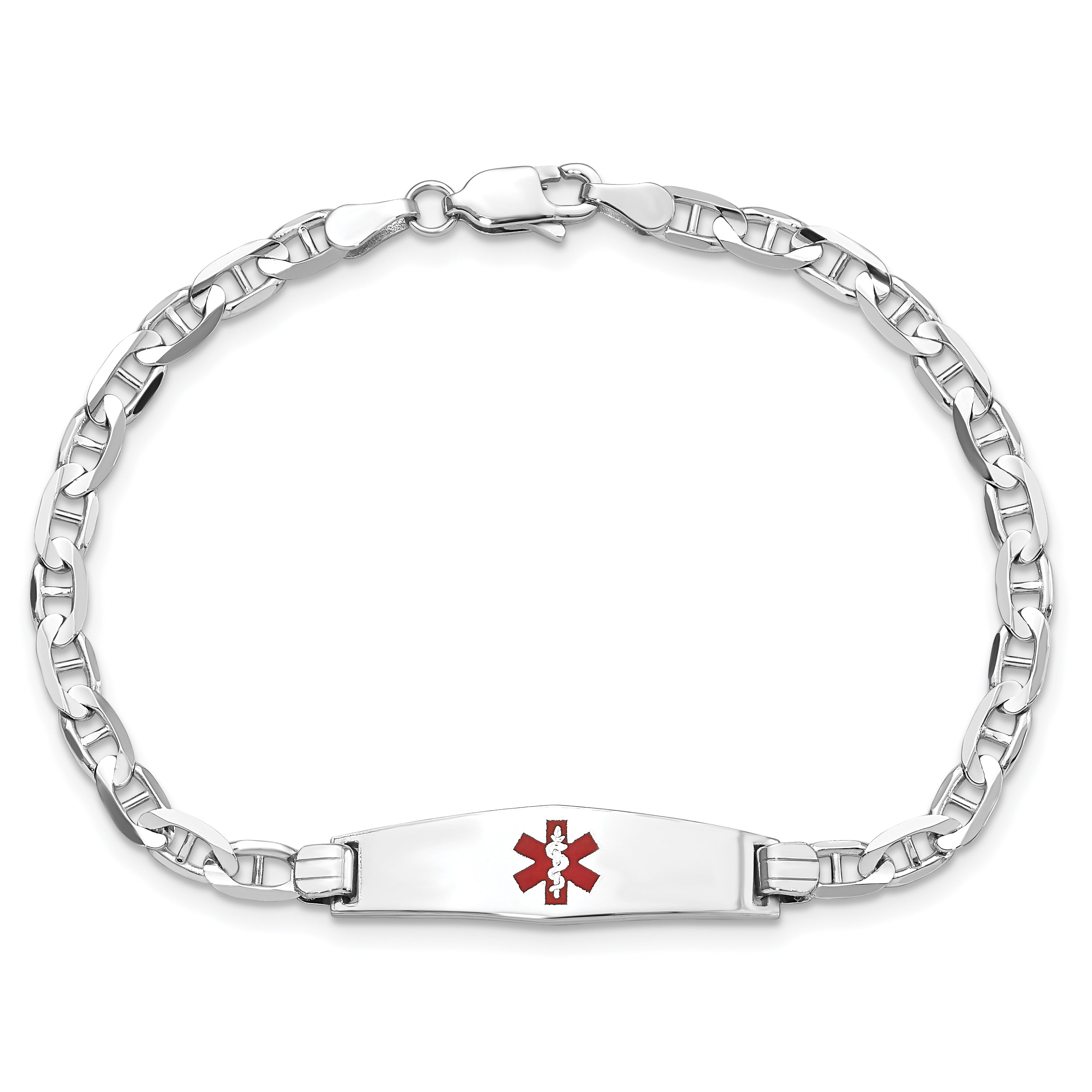 14K White Gold Medical Solid Chain/Solid Plate 24X7mm Soft Diamond Shape Centered Red Enamel Anchor Link 8 Inch Id Bracelet