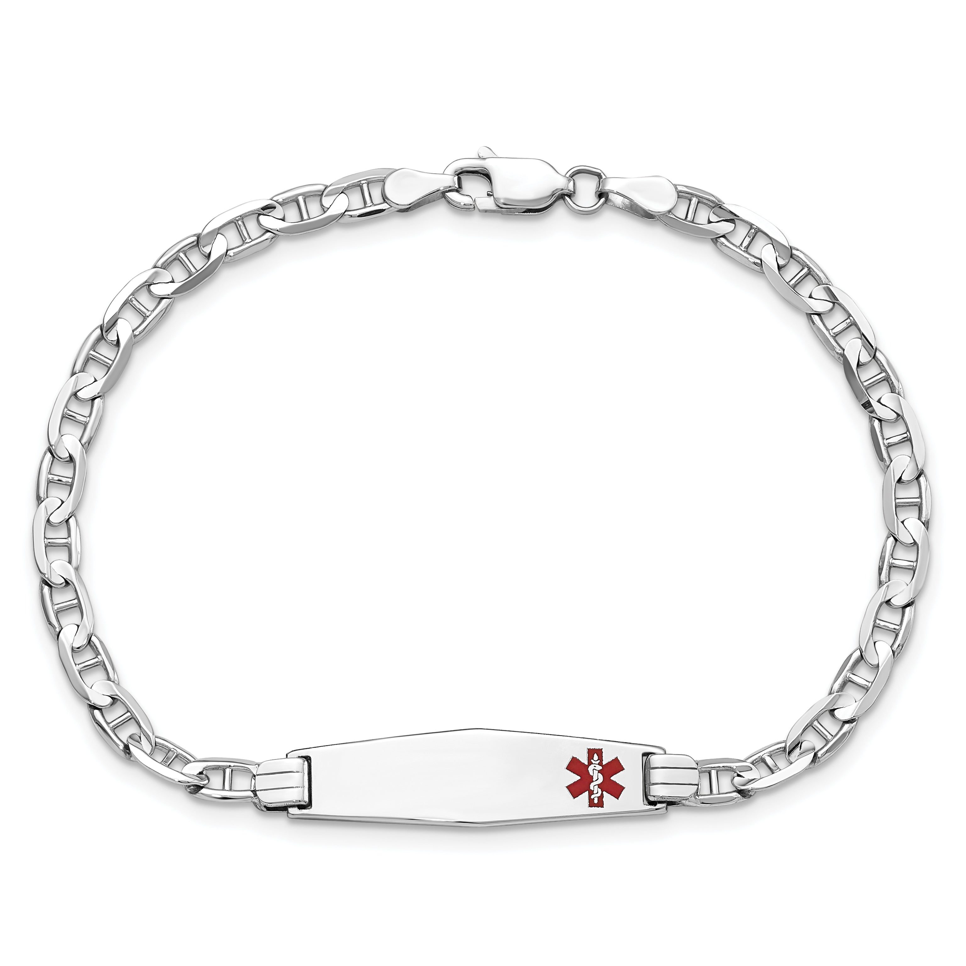 14K White Gold Medical Solid Chain/Solid Plate 26X7mm Soft Diamond Shape Off Center Red Enamel Anchor Link 7 Inch Id Bracelet