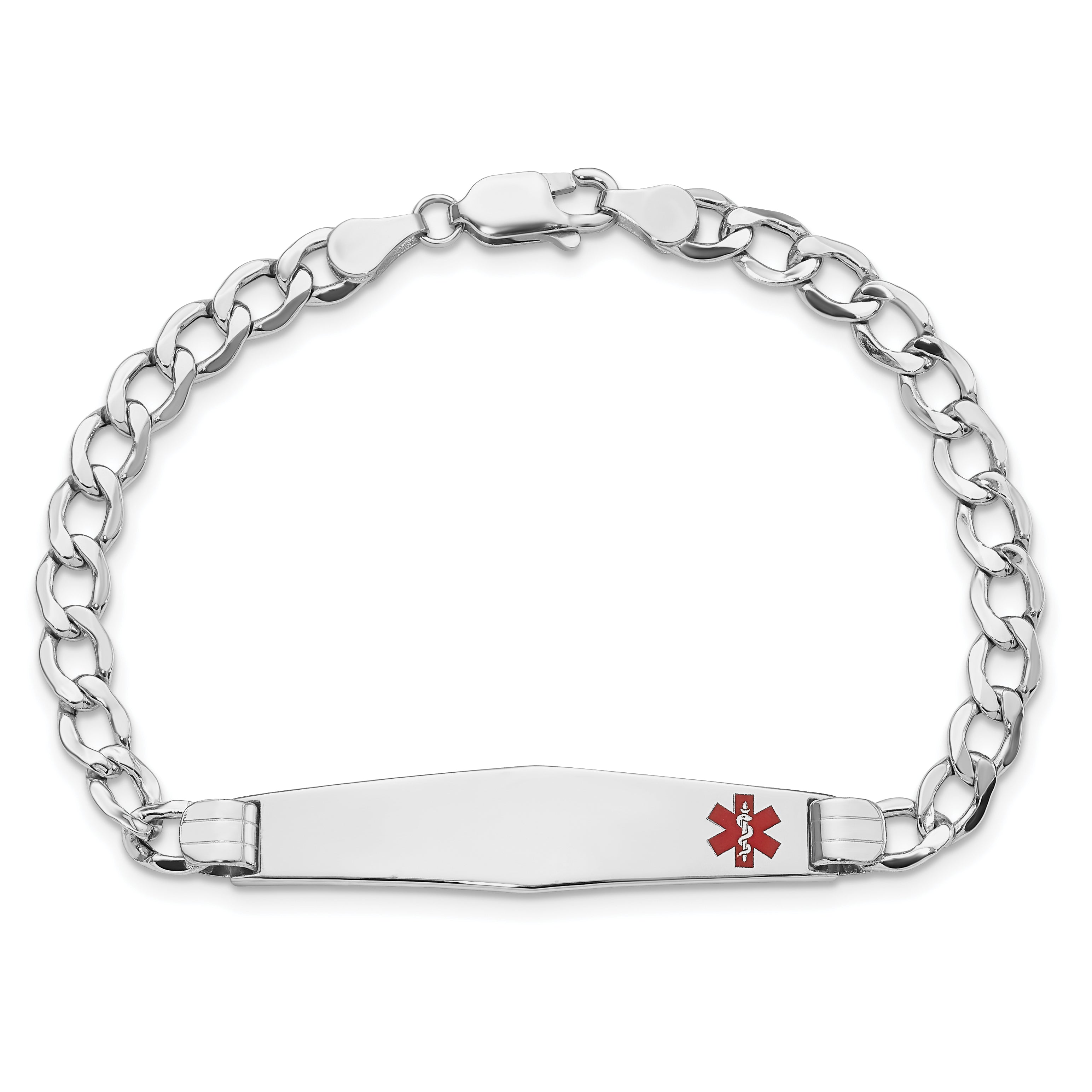 14K White Gold Medical Semi Solid Chain/Solid Plate Soft Diamond Shape 37X9mm Off Center Red Enamel Cuban Link 8 Inch Id Bracelet