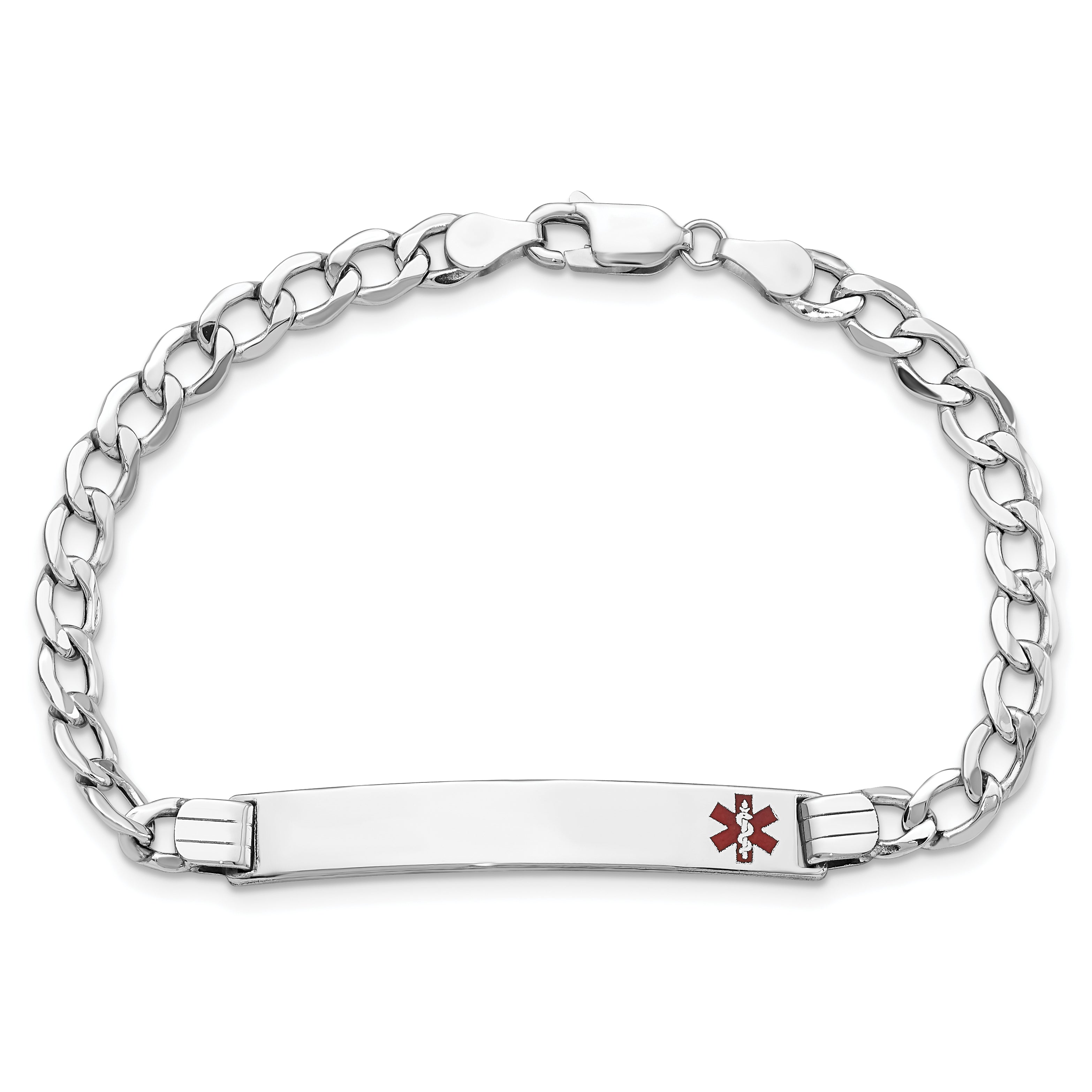 14K White Gold Medical Semi Solid Chain/Solid Plate 37X6mm Off Center Red Enamel Curb Link 7 Inch Id Bracelet
