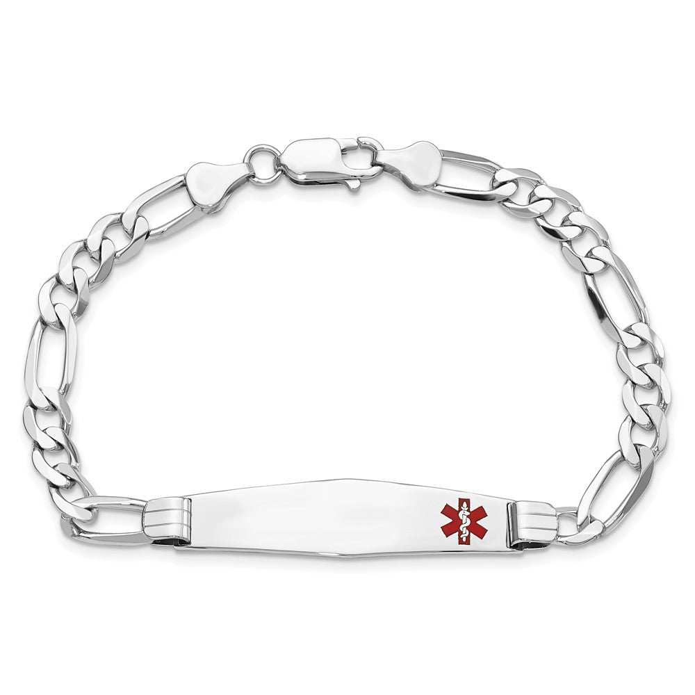 14K White Gold Medical Solid Chain/Solid Plate Soft Diamond Shape 38X9mm Off Center Red Enamel Figaro Link 8 Inch Id Bracelet