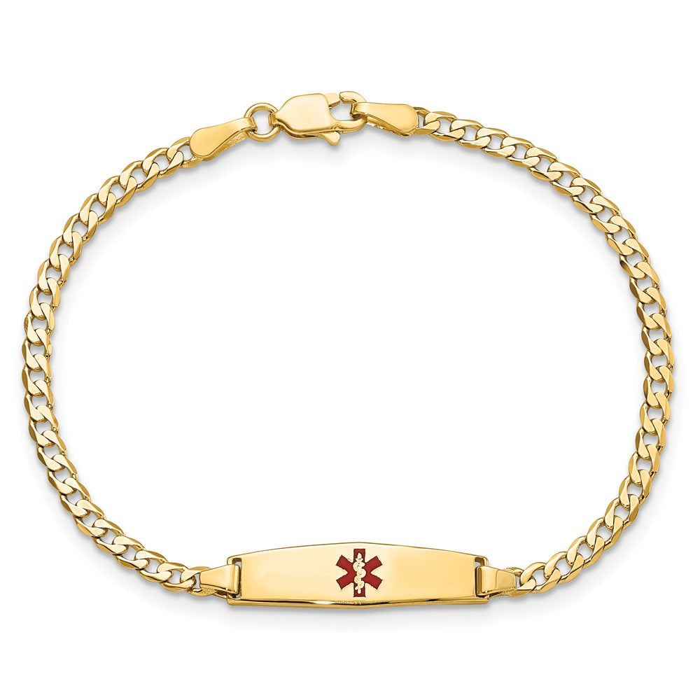 14K Yellow Gold Medical Solid Chain/Solid Plate 20X5mm Soft Diamond Shape Centered Red Enamel Curb Link 7 Inch Id Bracelet