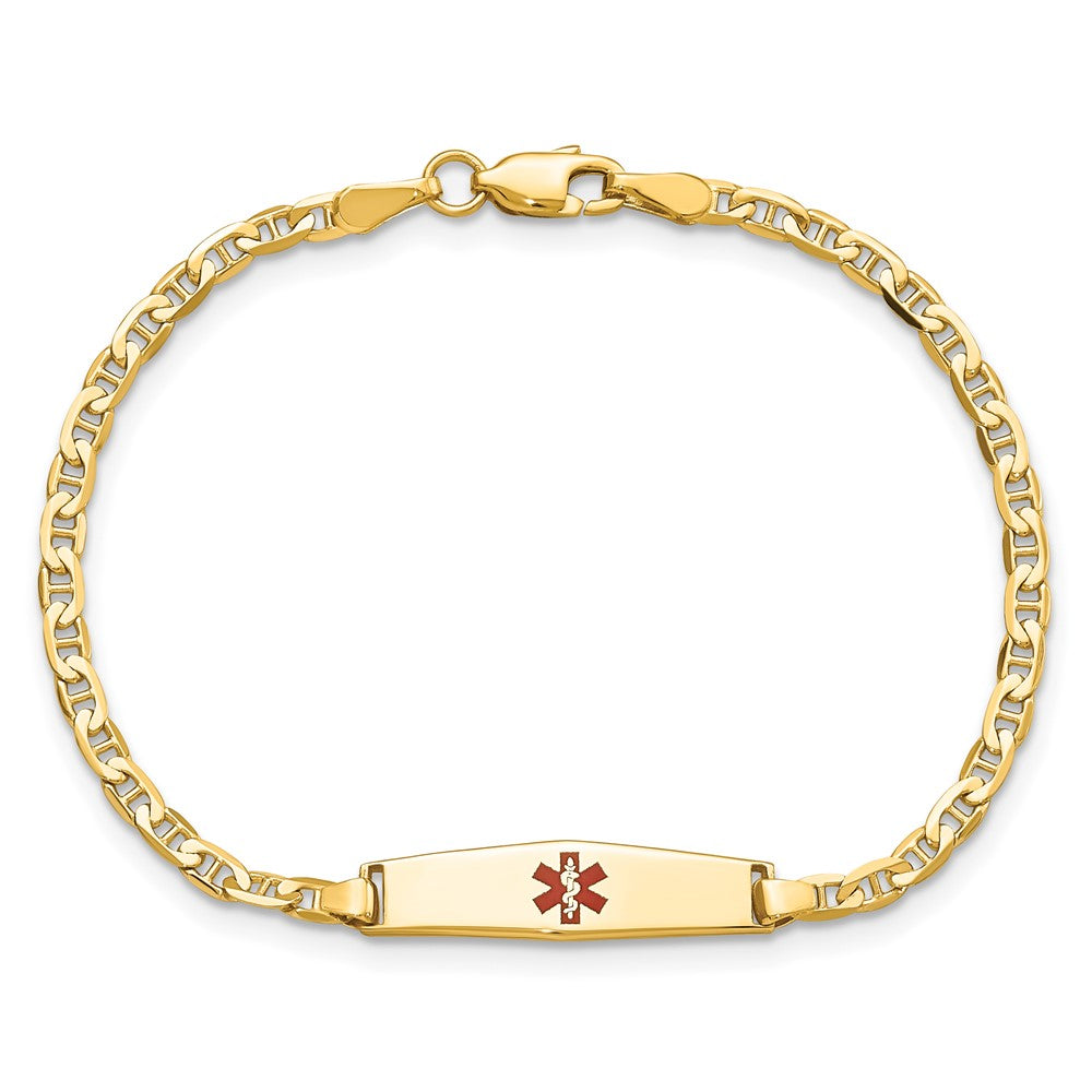 14K Yellow Gold Medical Solid Chain/Solid Plate 20X5mm Soft Diamond Shape Centered Red Enamel Flat Anchor Link 7 Inch Id Bracelet