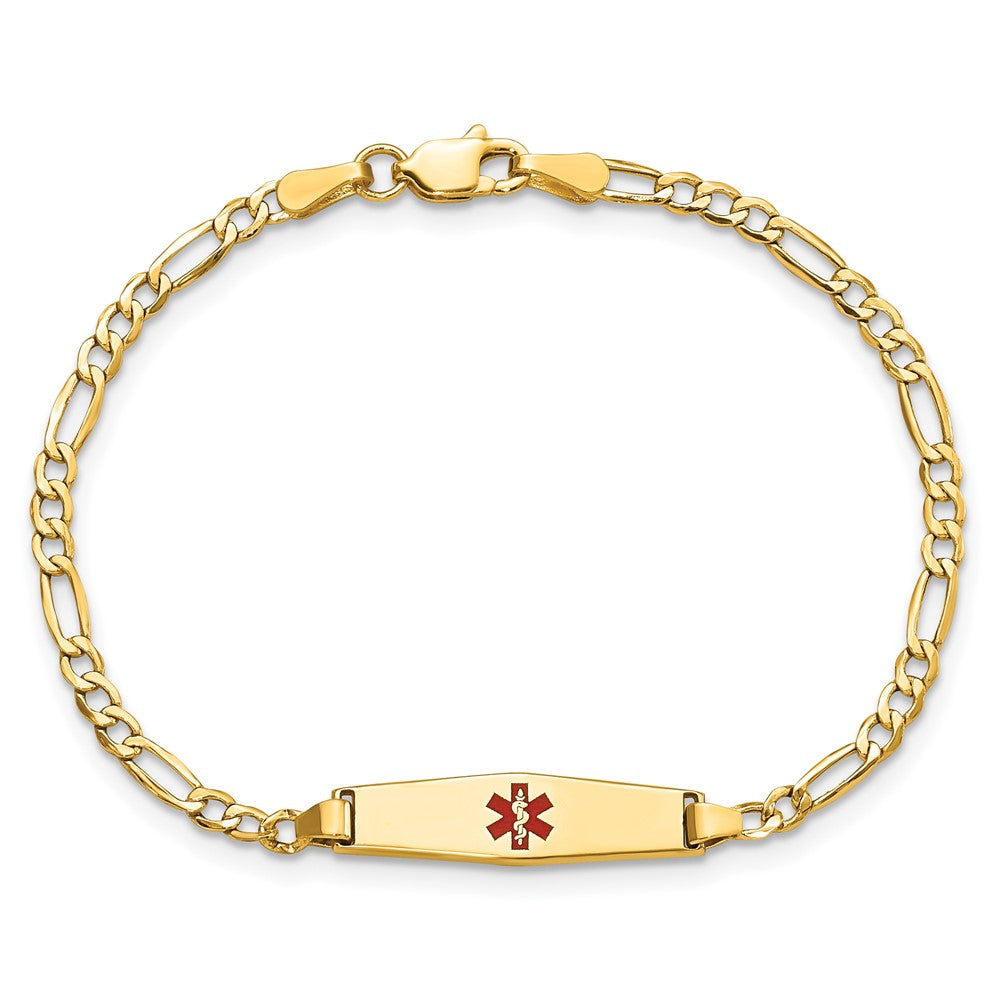 14K Yellow Gold Medical Semi Solid Chain/Solid Plate 20X5mm Soft Diamond Shape Centered Red Enamel Figaro Link 6 Inch Baby/Child Id Bracelet