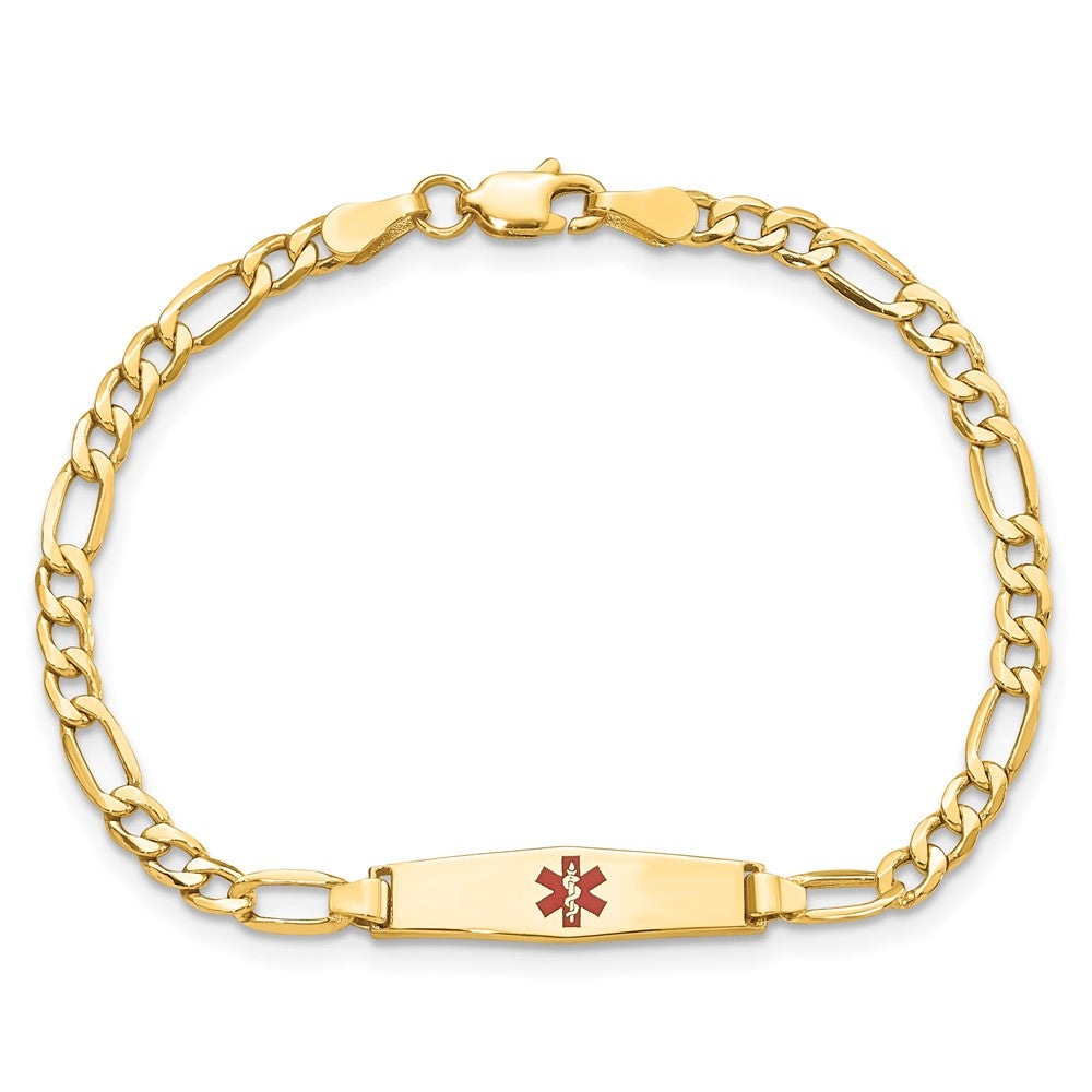 14K Yellow Gold Medical Semi Solid Chain/Solid Plate 20X5mm Soft Diamond Shape Centered Red Enamel Figaro Link 7 Inch Id Bracelet