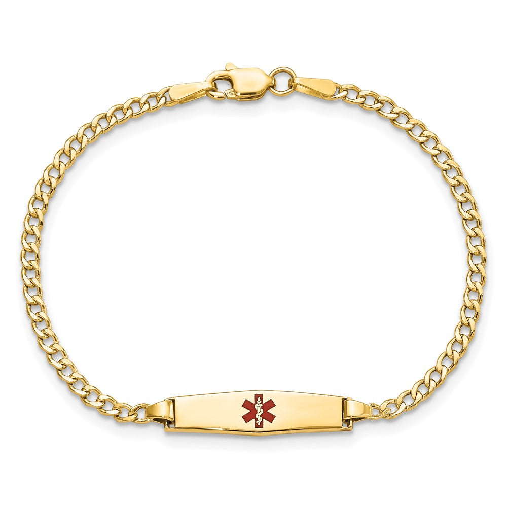 14K Yellow Gold Medical Semi Solid Chain/Solid Plate 20X5mm Soft Diamond Shape Centered Red Enamel Cuban Link 7 Inch Id Bracelet