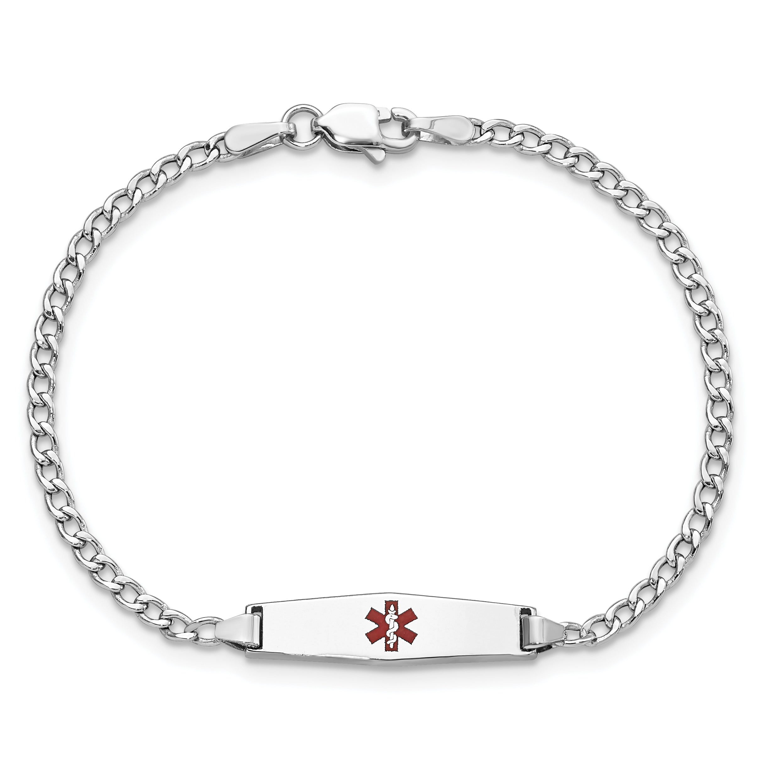 14K White Gold Medical Semi Solid Chain/Solid Plate 20X5mm Soft Diamond Shape Centered Red Enamel Cuban Link 6 Inch Baby/Child Id Bracelet