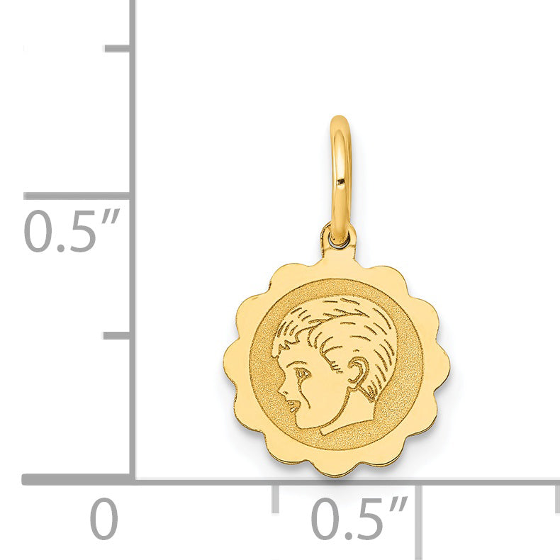 14k Yellow Gold 14k Boy Head on .009 Gauge Engravable Scalloped Disc Charm