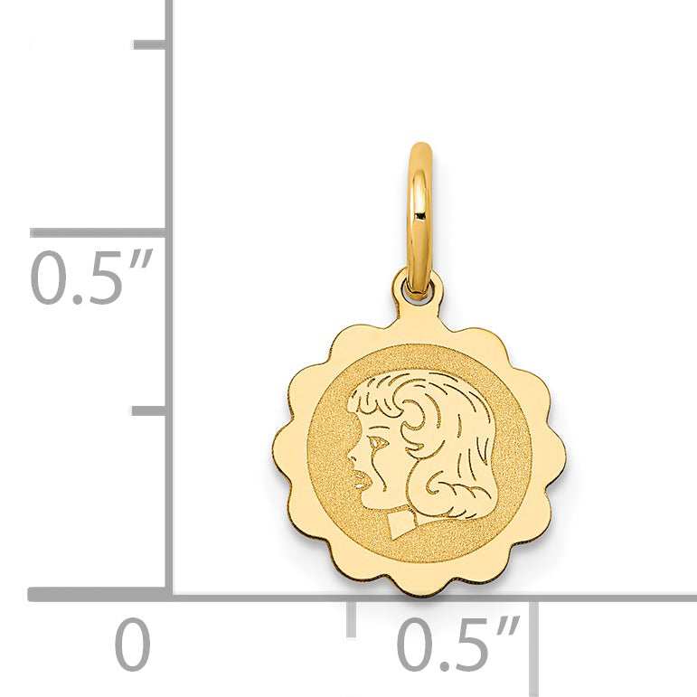 14K Yellow Gold Girl Head On .009 Gauge Engravable Scalloped Disc Charm
