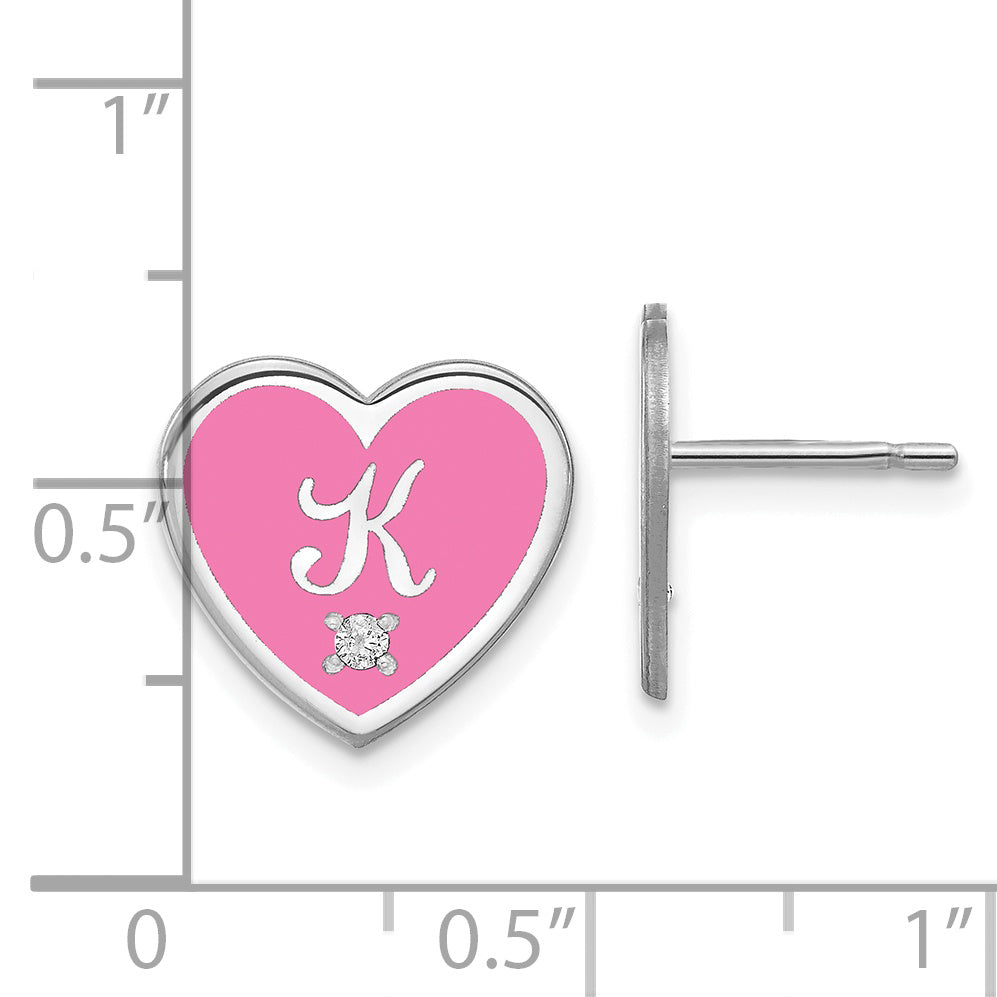 Sterling Silver Rhodium Plated Initial Enameled Heart With Diamond Post Earrings
