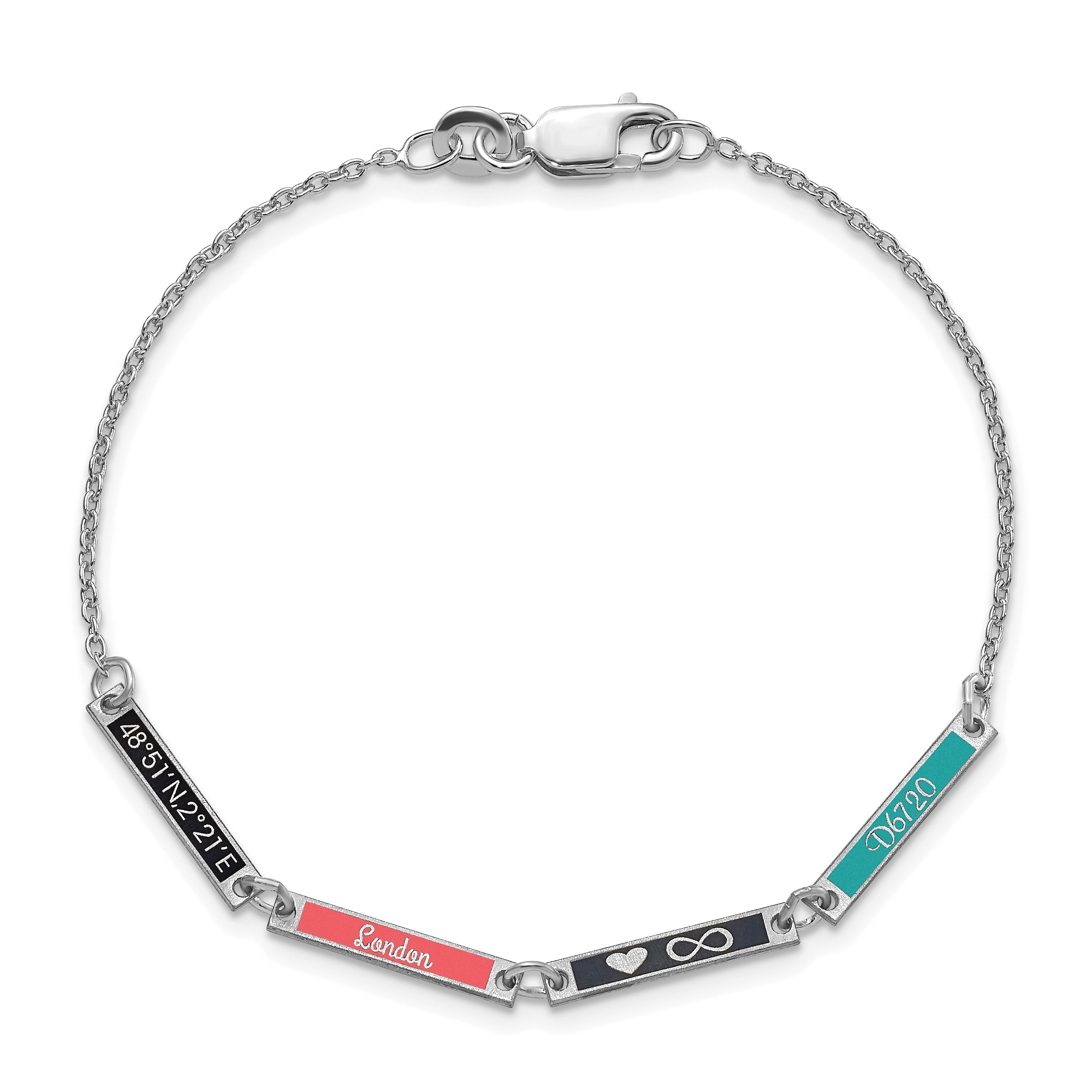 Sterling Silver Silver/Rhodium Plated Brushed 4 Station Epoxy Bracelet