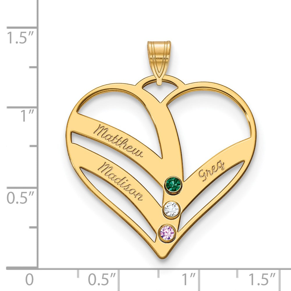 14K Yellow Gold 14Ky 3 Name Birthstones Bezel Cut Out Heart Pendant