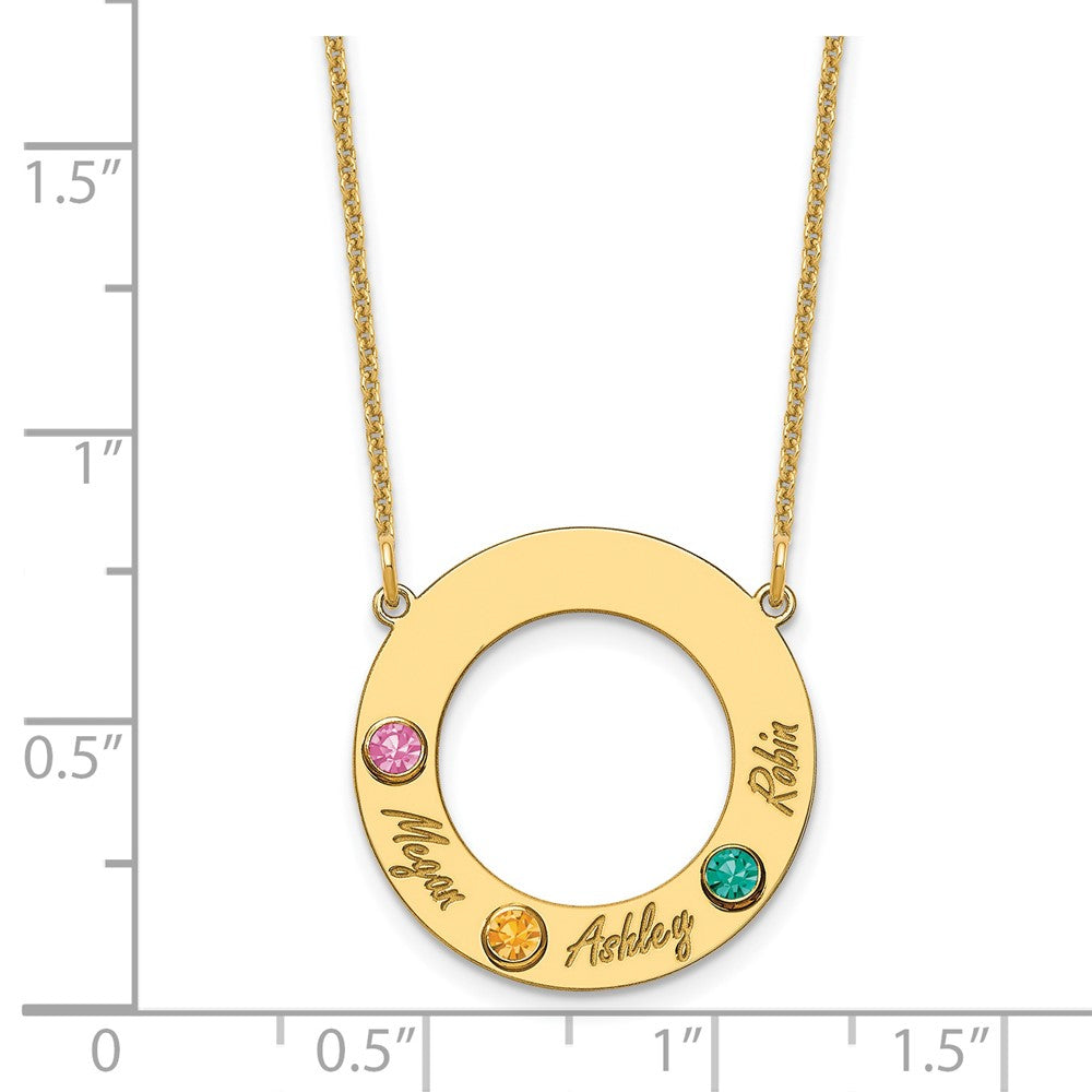 14K Yellow Gold 14Ky 3 Name And Birthstone W/ Bezel Cut Out Circle Necklace