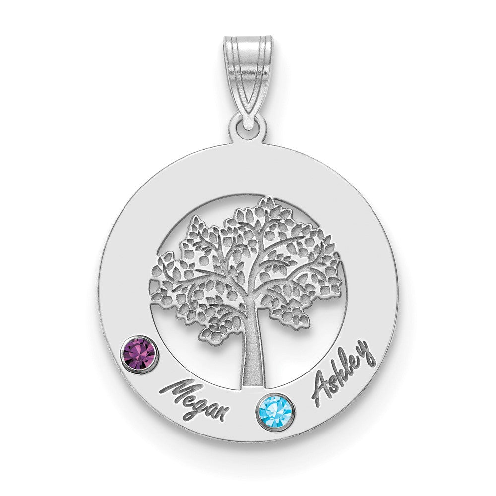 14K White Gold 14Kw Family Tree Circle 2 Names & Birthstones W/ 18K Rhodium Plated Bezels