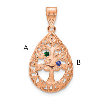 14K Rose Gold 2 Birthstone Tree Of Life Tear Drop Pendant