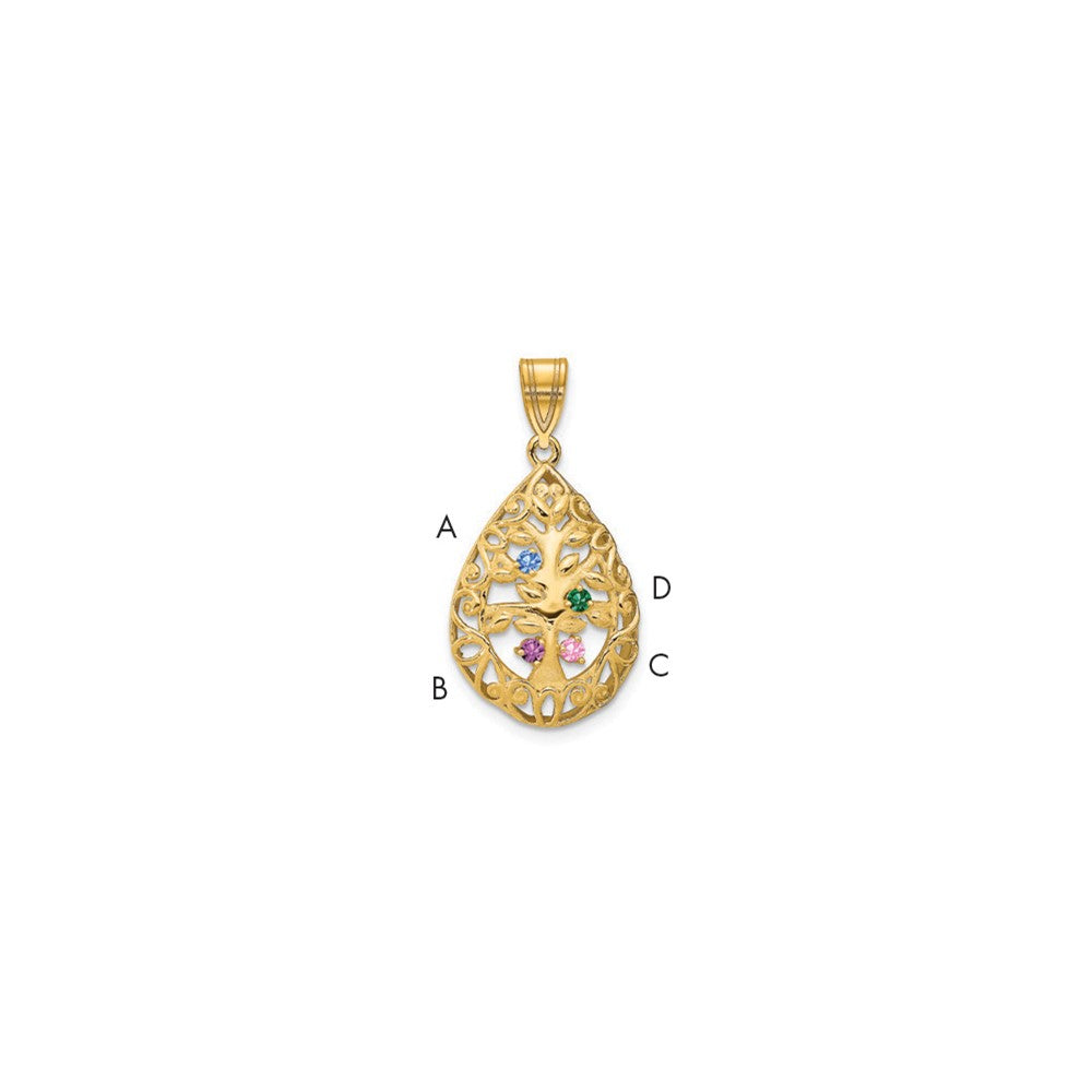 14K Yellow Gold 14Ky 4 Birthstone Tree Of Life Tear Drop Pendant
