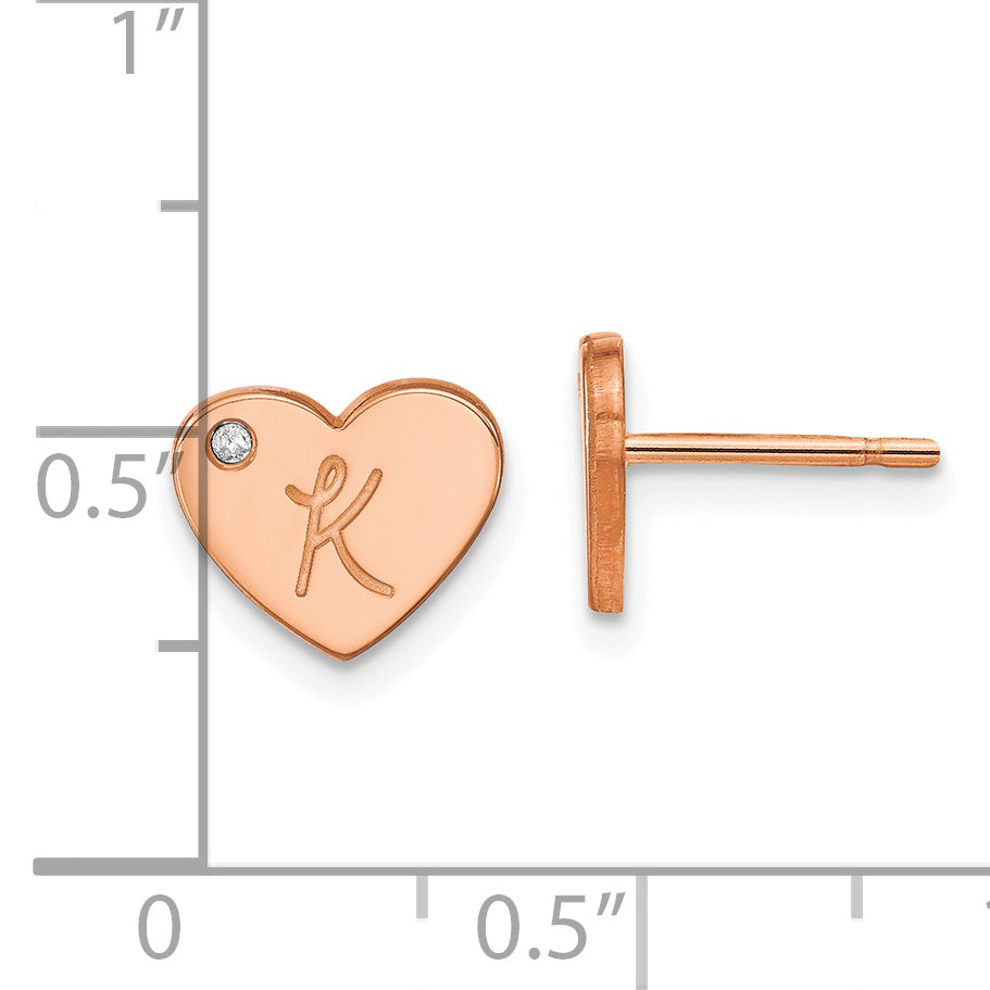 Rose Plated Sterling Silver/Rose Initial Heart With Diamond Post Earrings