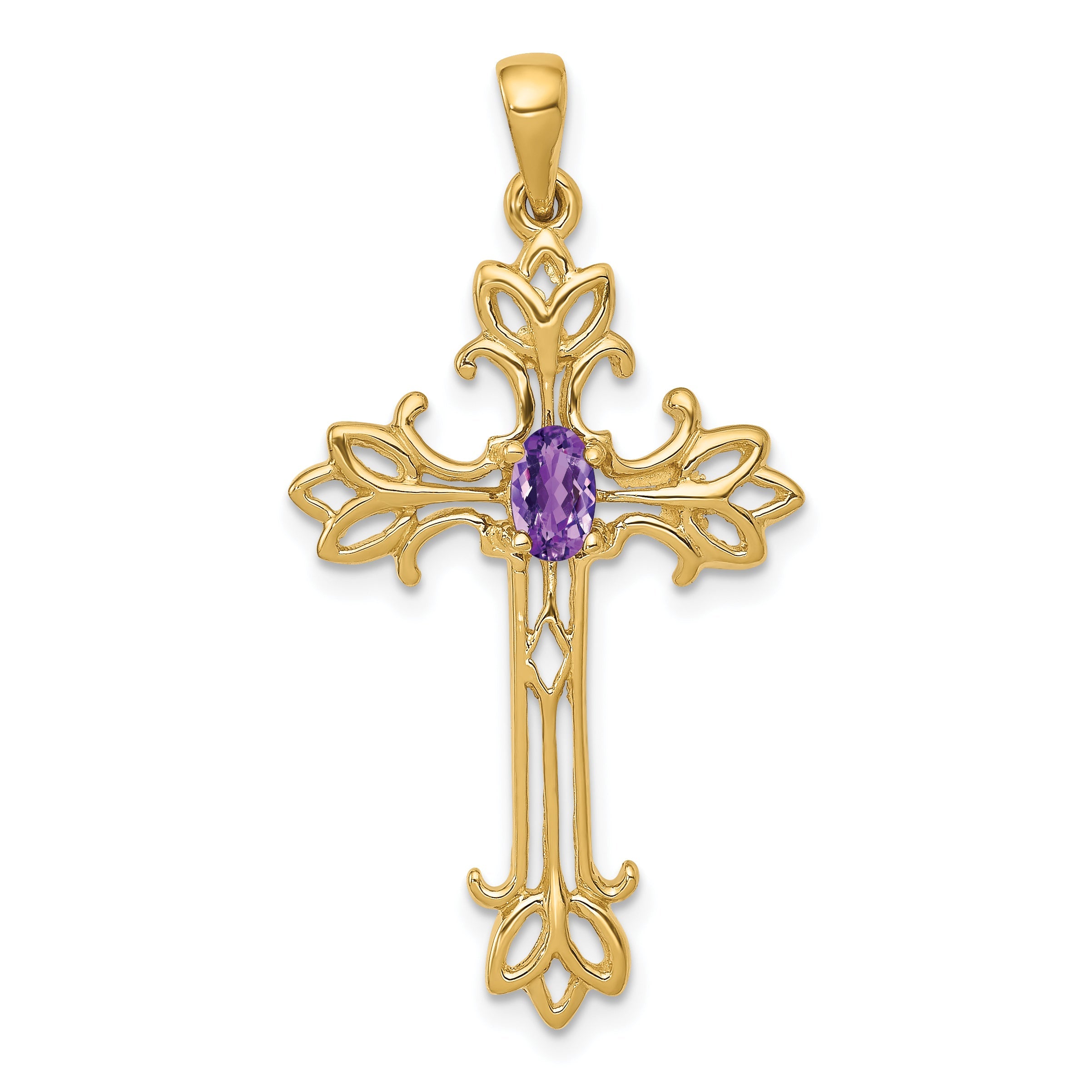 14K Yellow Gold Polished Amethyst Cross Pendant
