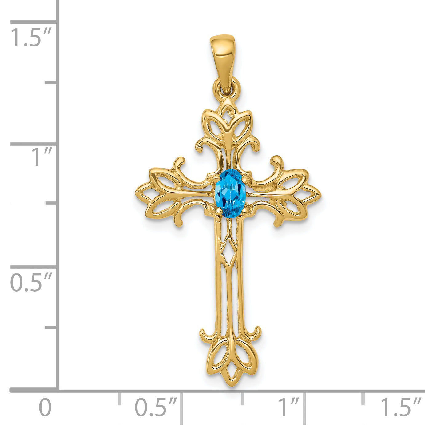 14K Yellow Gold 5X3mm Oval Blue Topaz Cross Pendant