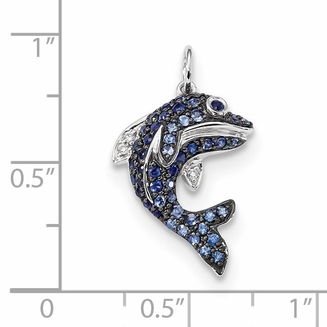 14k White Gold 14k White Gold Diamond and Blue Sapphire Dolphin Pendant