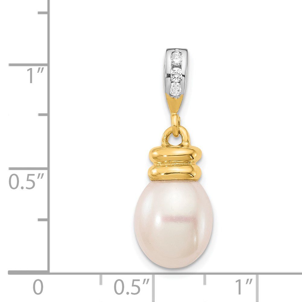 14K Yellow Gold 9 10mm White Rice Freshwater Cultured Pearl .06Tw Diamond Pendant