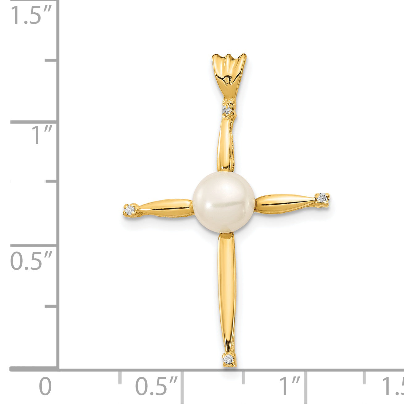 14K Yellow Gold 6 7mm White Button Freshwater Cultured Pearl And .02 Carat Diamond Cross Pendant