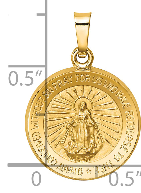 14k Yellow Gold 14k Polished and Satin Miraculous Medal Hollow Pendant