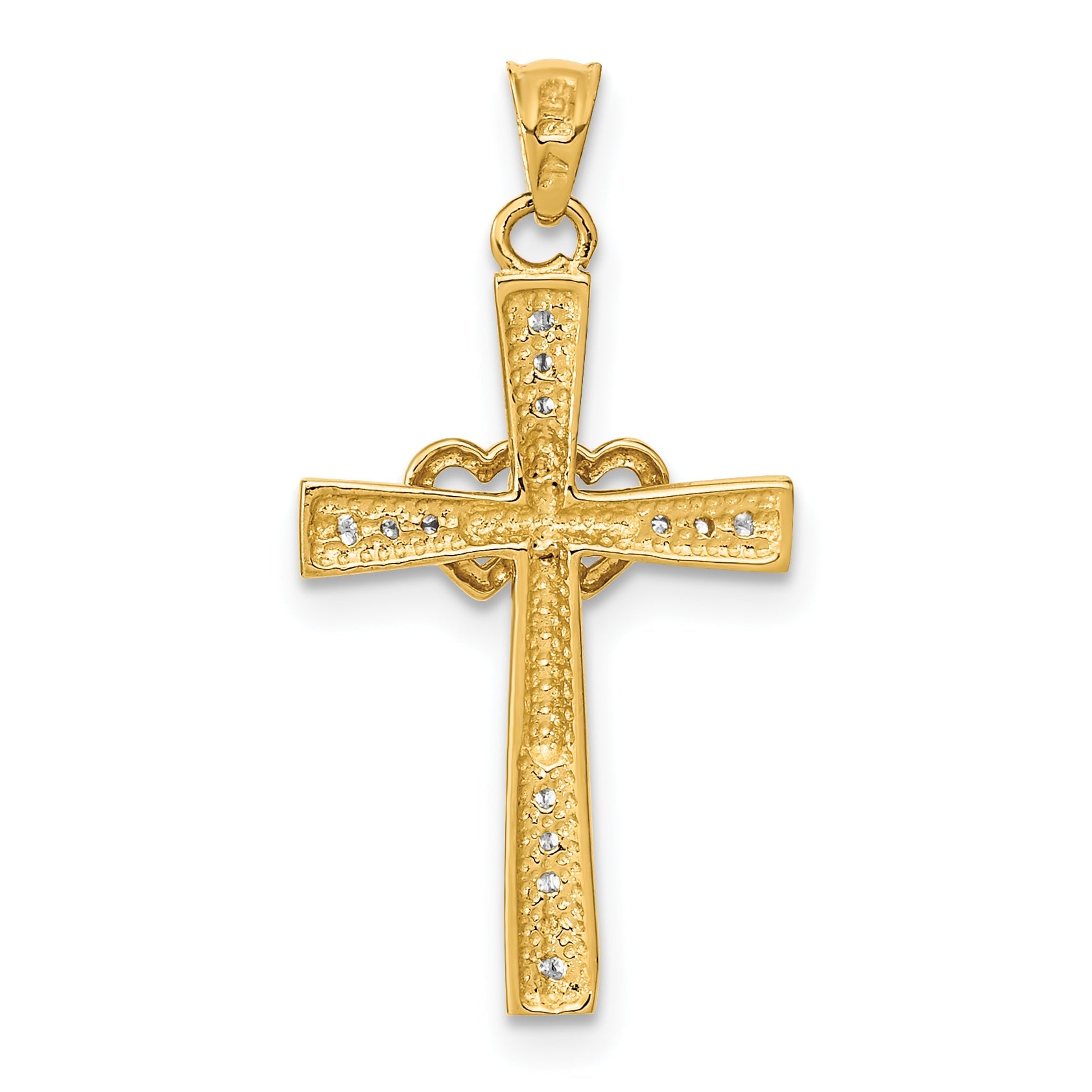 14k Yellow Gold 14K Cross with Double Hearts CZ Pendant
