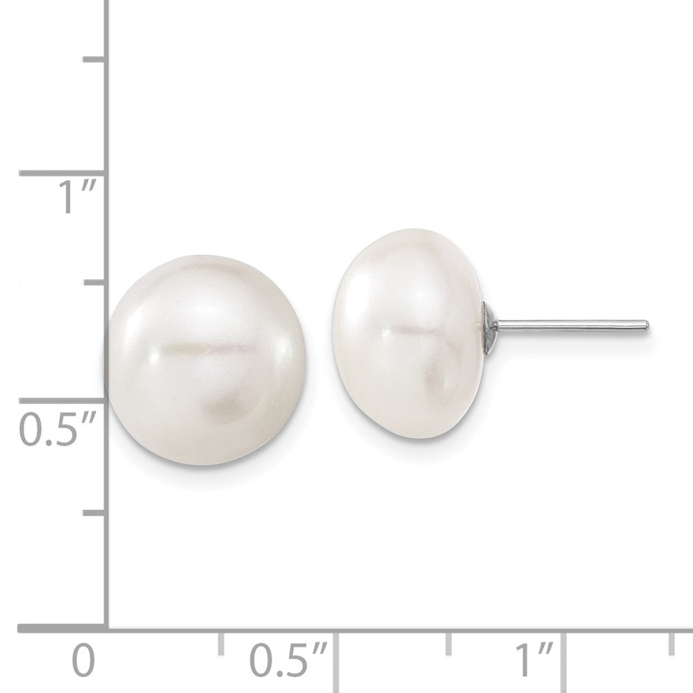 14K White Gold 11 12mm Button Freshwater Cultured Pearl Stud Post Earrings