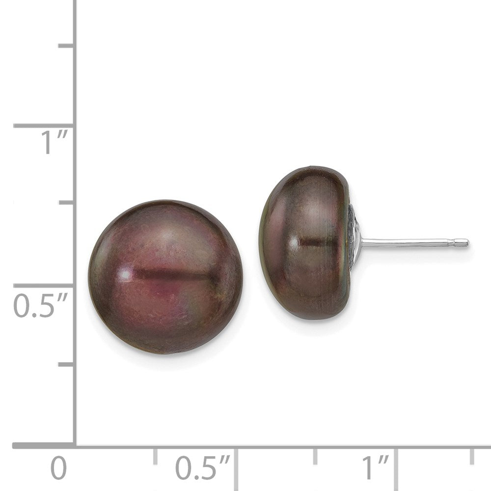 14K White Gold 12 13mm Black Button Freshwater Cultured Pearl Stud Post Earrings