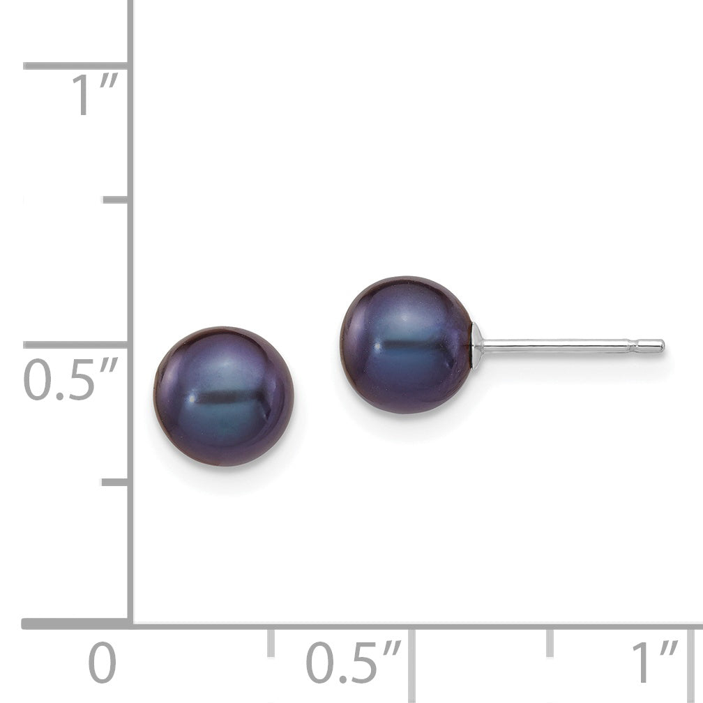 14K White Gold 6 7mm Black Round Freshwater Cultured Pearl Stud Post Earrings