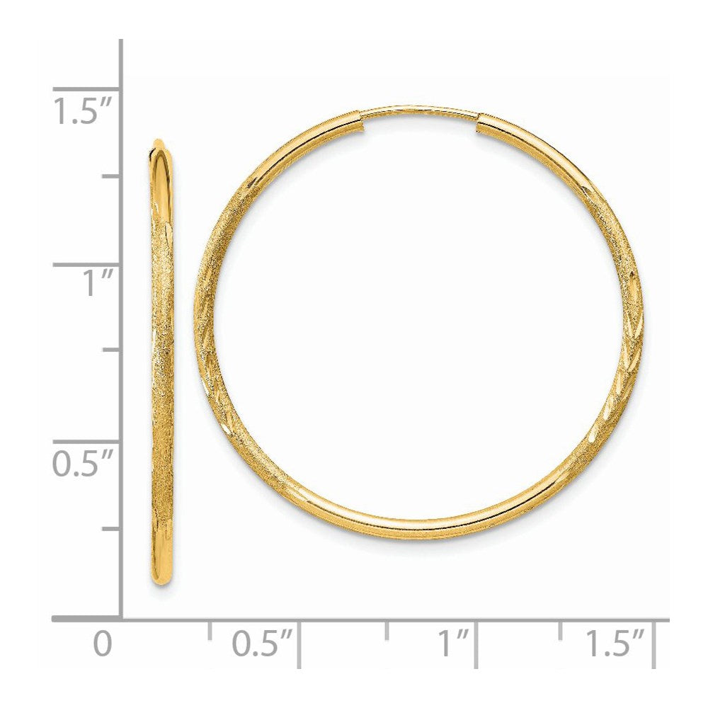 14K Yellow Gold 1.5mm Satin Diamond Cut Endless Hoop Earrings