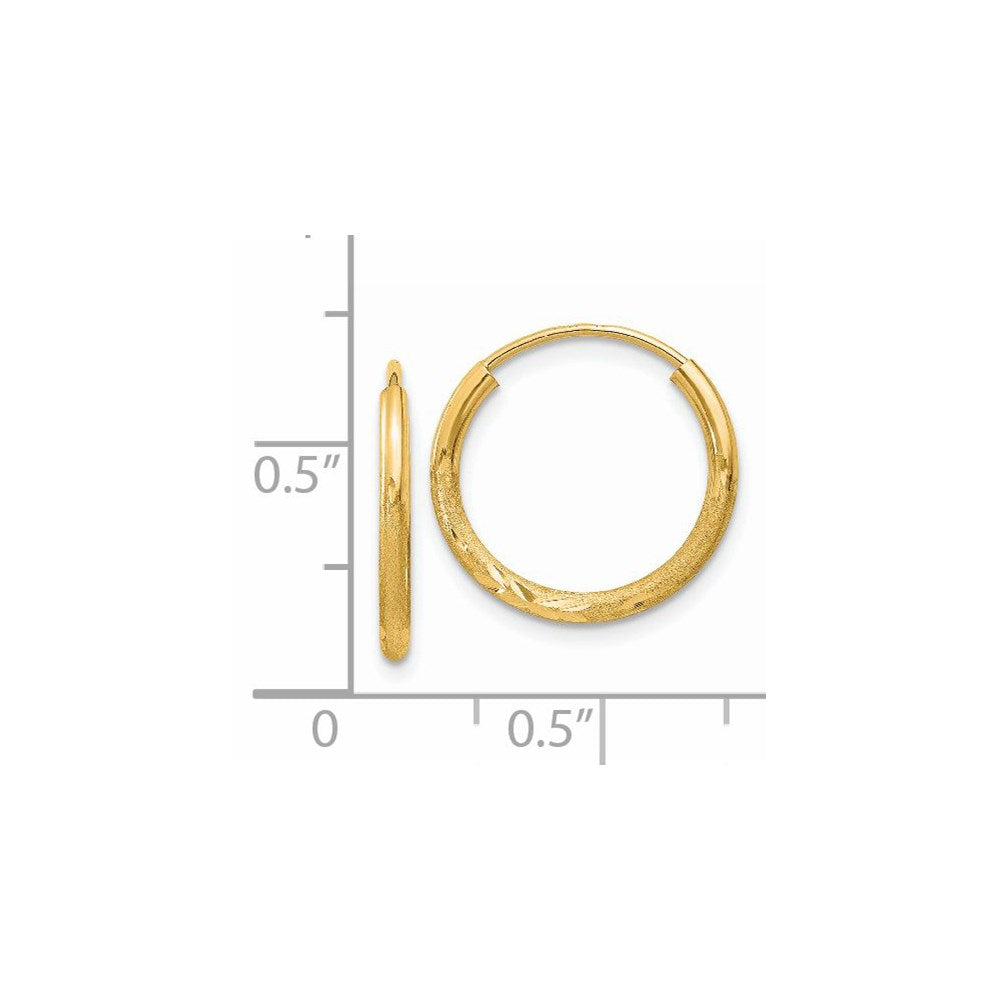 14K Yellow Gold 1.5mm Satin Diamond Cut Endless Hoop Earrings
