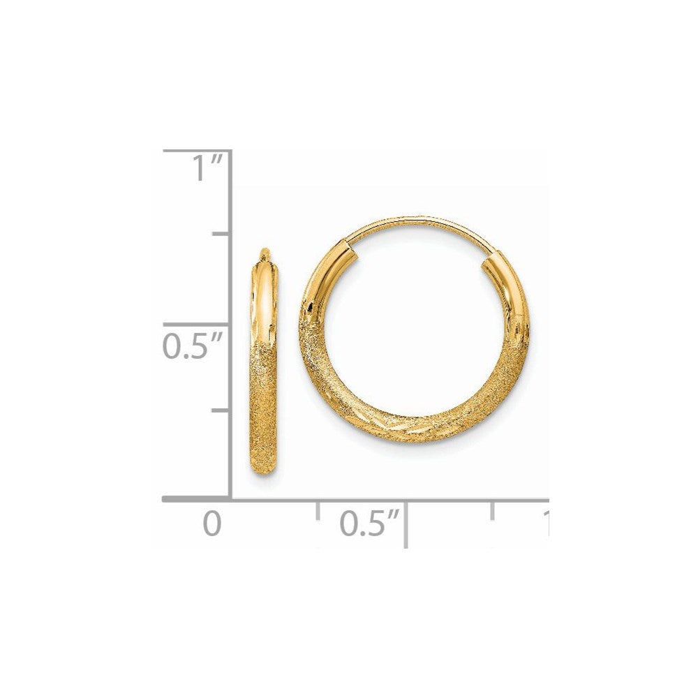 14K Yellow Gold 2mm Satin Diamond Cut Endless Hoop Earrings
