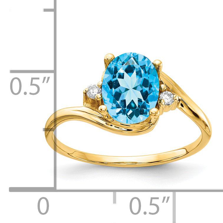 14K Yellow Gold 8X6mm Oval Blue Topaz Aaa Diamond Ring