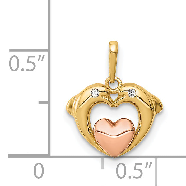 14k Two-tone 14K Two-tone CZ Dolphins with Heart Pendant