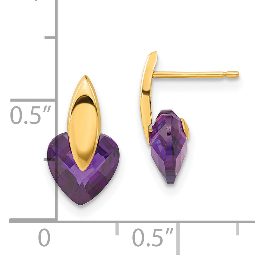 14K Yellow Gold 14Ky Polished Purple Cz Heart Post Earrings
