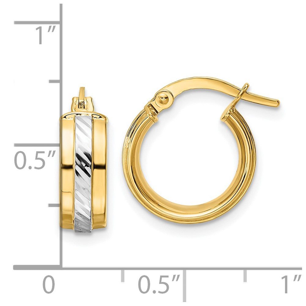 14K Yellow & Rhodium W/ White Diamond Cut Hoop Earrings