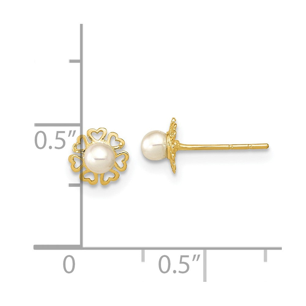 14K Yellow Gold Polished Small Heart Petals With Fw Cultured Pear Post Earrings