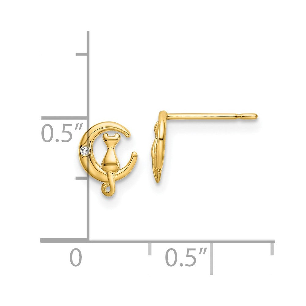 14K Yellow Gold Cz Cat On The Moon Post Earrings