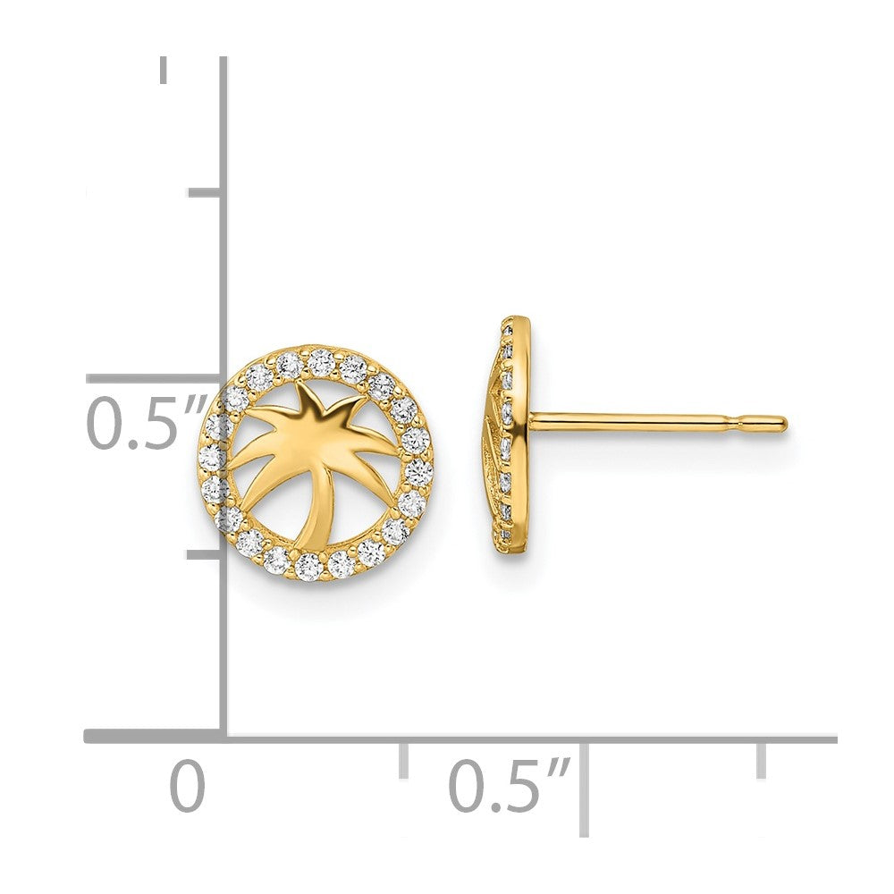 14K Yellow Gold Cz Palm Tree Post Earrings