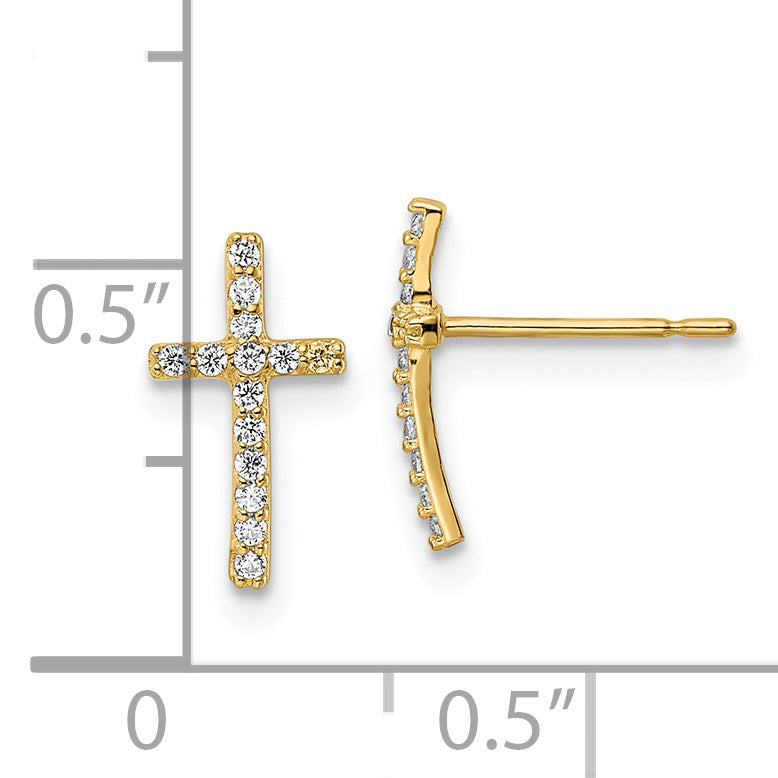 14K Yellow Gold Cz Cross Post Earrings