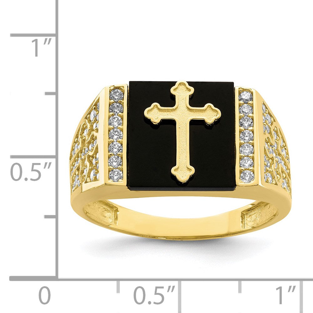 10k yellow gold cz and onyx cross mens ring 10c1401