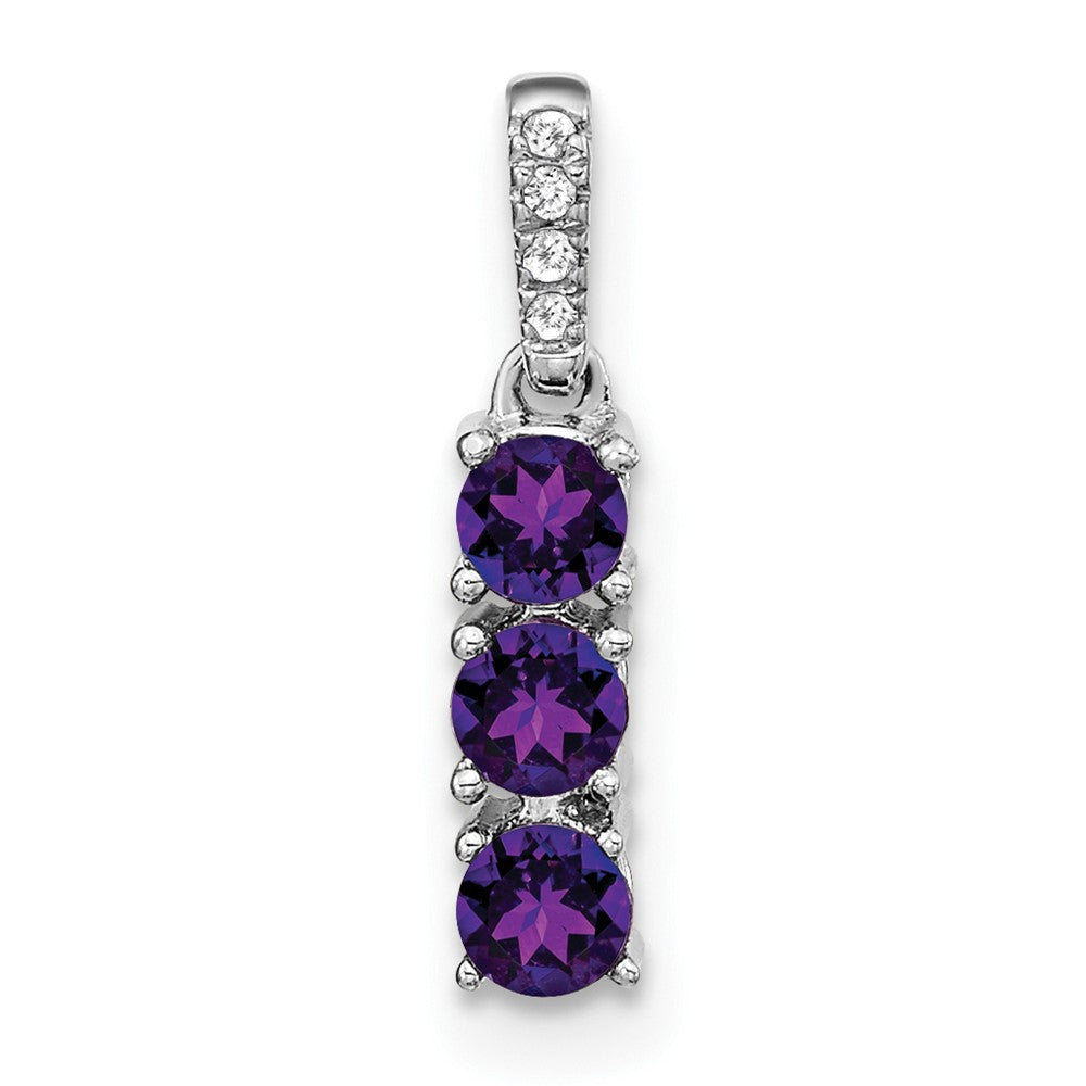 Solid 14k White Gold 3-stone Simulated Amethyst and CZ Pendant